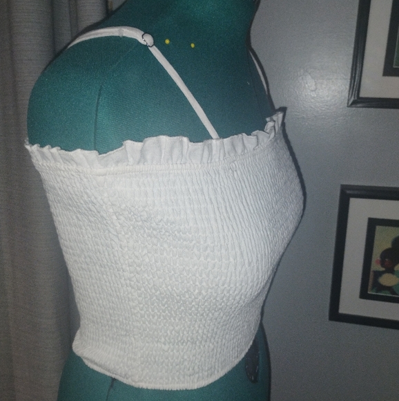 Smocked White Linen-Blend Crop Top, Sz XL - Picture 2 of 7